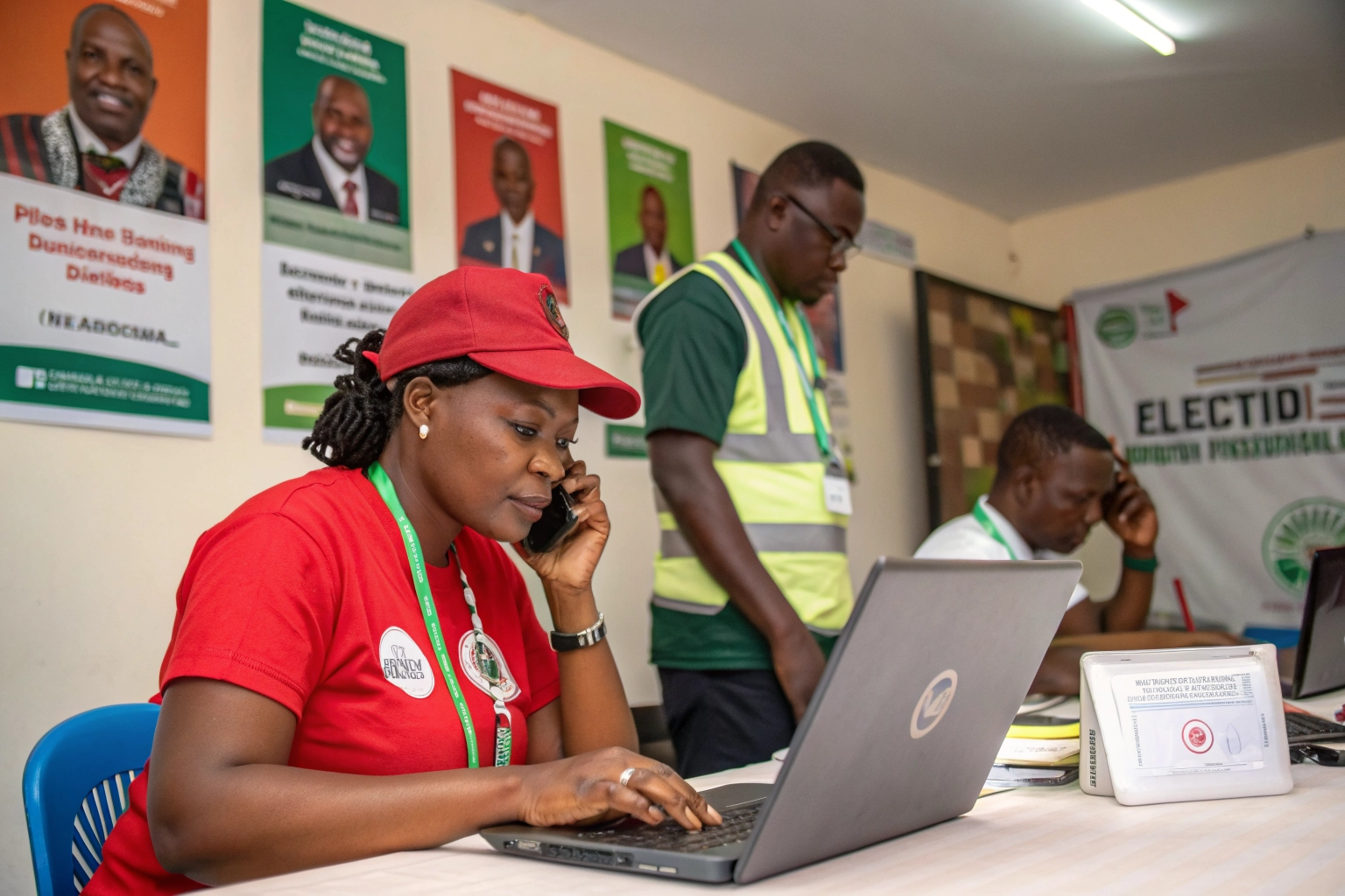 Election observers in Nigeria working at a polling unit with laptops and phones.